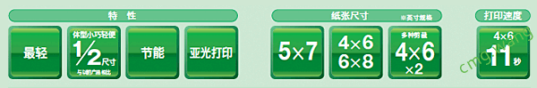 特性 : 最轻, 体型小巧轻便 1/2尺寸 与以前产品相比, 节能, 亚光打印 / 纸张尺寸 ※英寸规格 : 5x7, 4x6 6x8, 多种剪裁 4x6 x2 / 打印速度 : 4x6 11秒